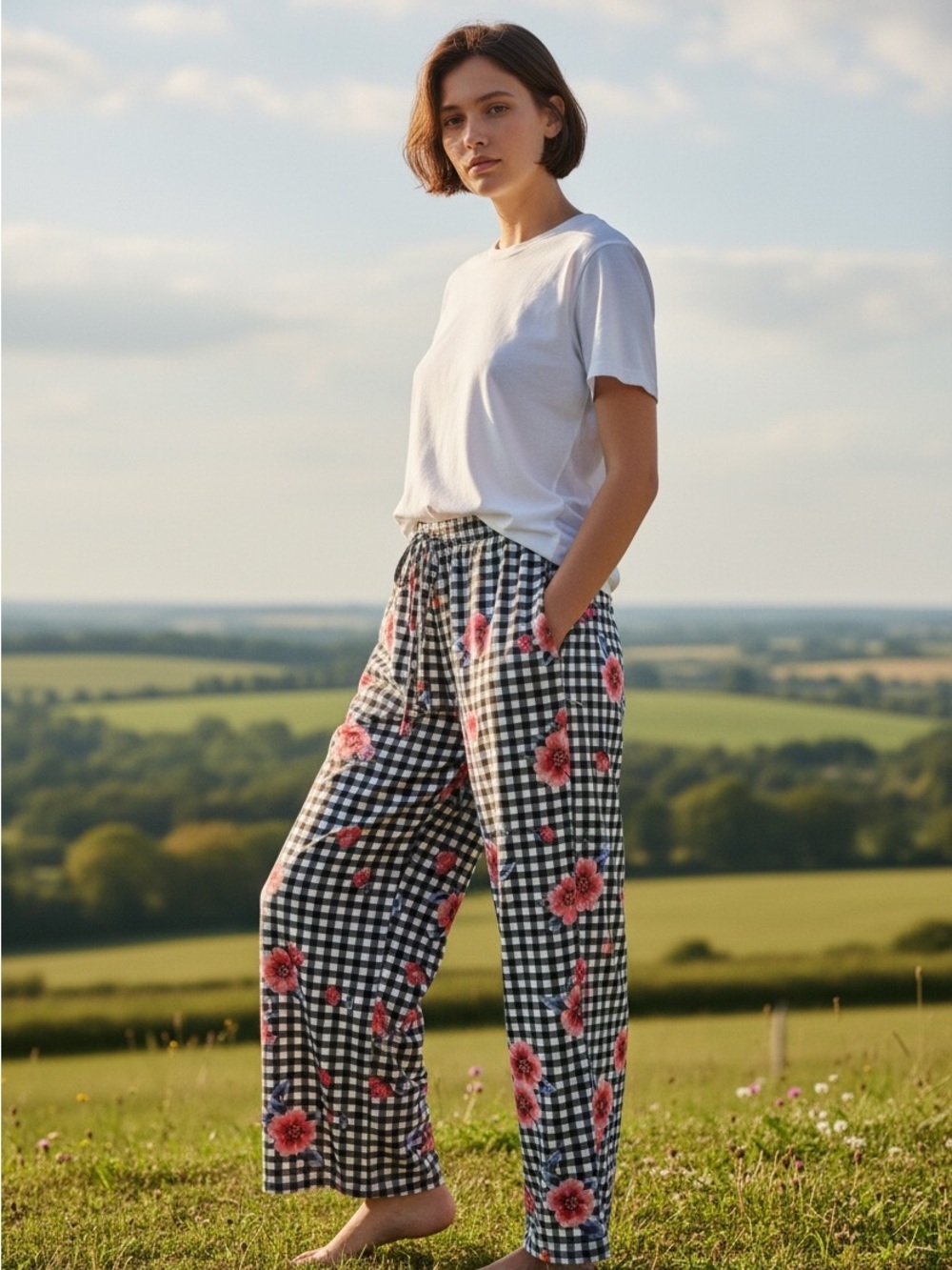 Mellissa Paige Gingham & Floral Wide Leg Palazzo Pants Navy/Red/Pink - Xlarge